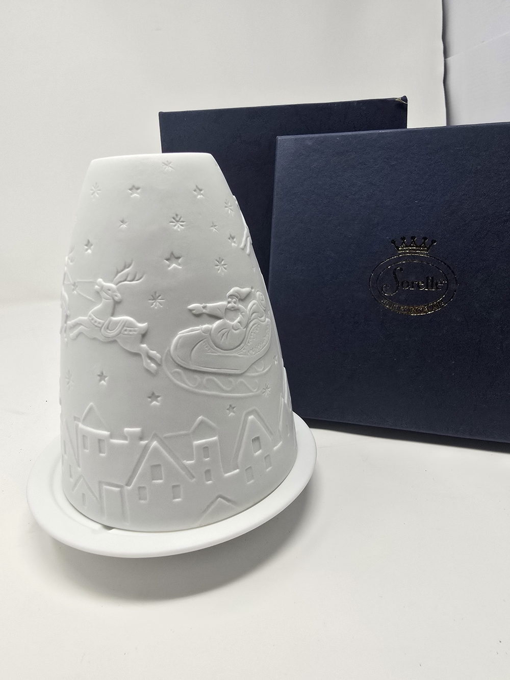 Sorelle Fine Porcelain White Christmas Lithophane Candle Shadet & Saucer